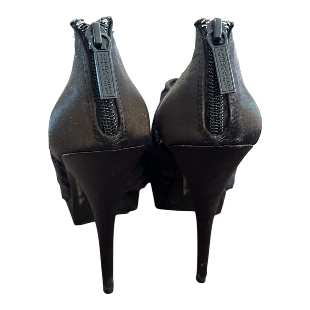Kardashian Collection Lace Platform Heels with Ruffle Detail, Black, Size 9